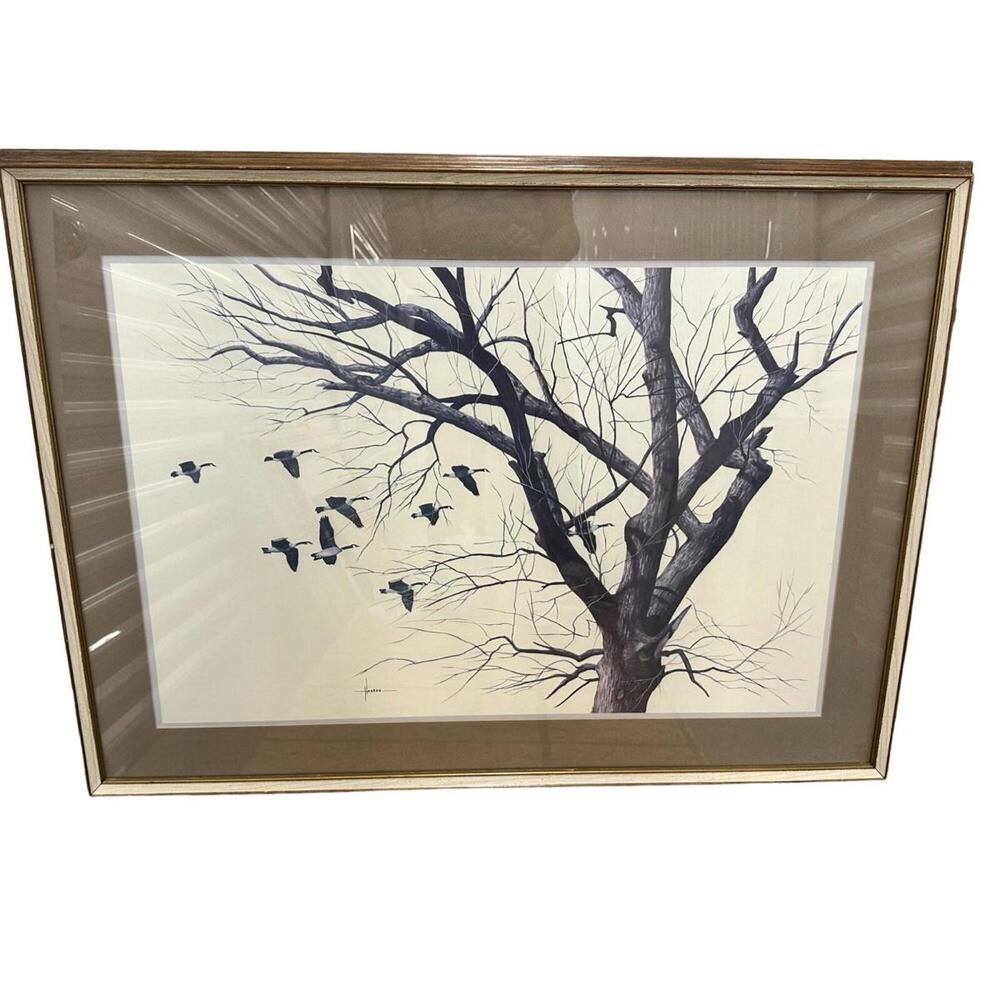 Vintage Hansen Goose Picture Signed Wall Art Framed Home Decor 37 x 27